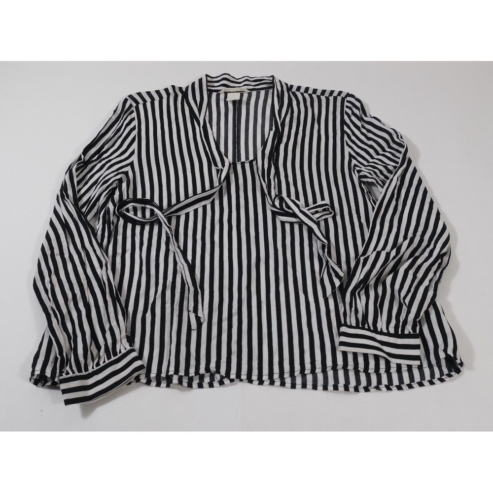 H&M Blouse Womens Size 8 Black White Striped Tie Neck Long Sleeve Casual Top